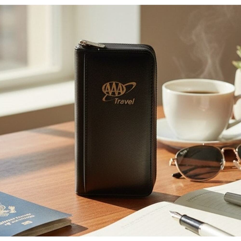 AAA Black Faux Leather Large Travel Wallet Organizer 9.5" x 5" Passport Holder